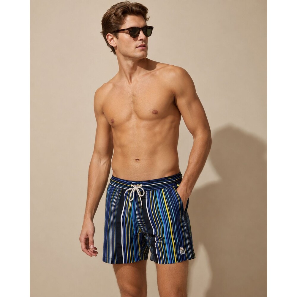PSYCHO BUNNY Swim Shorts Beach Trunks Mens M Blue Stripe Drawstring Mesh Liner